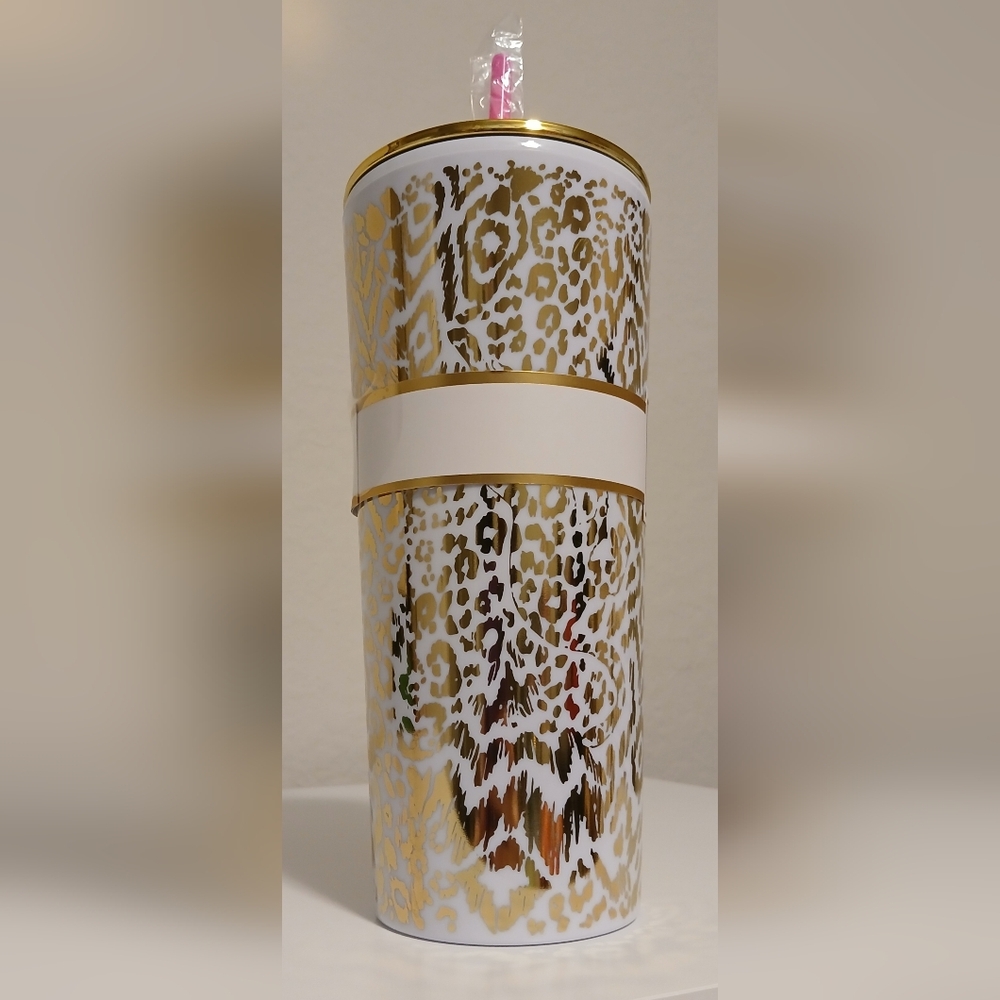 NWT Lilly Pulitzer Gold Leopard Tumbler‎ With Straw - Picture 5 of 10